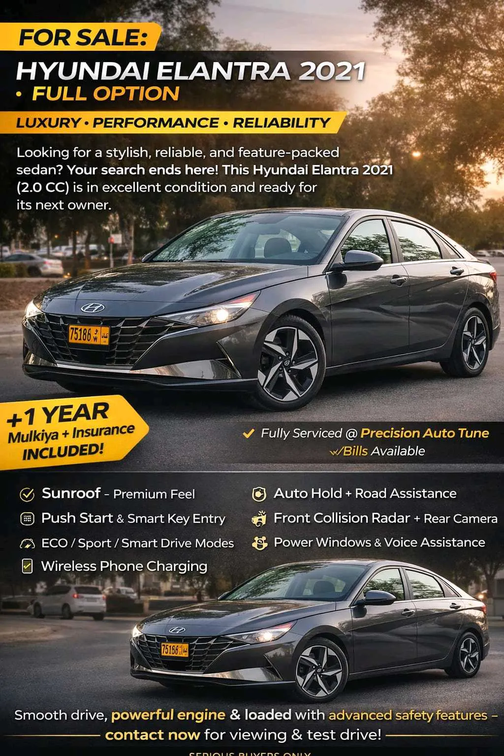 🚗 HYUNDAI ELANTRA 2021 – FULL OPTION | LUXURY MEETS PERFORMANCE! 🚗
LOOKING FOR A STYLISH, RELIABLE, AND FEATURE-PACKED SEDAN? YOUR SEARCH ENDS HERE! THIS HYUNDAI ELANTRA 2021 (2.0 CC) IS IN EXCELLENT CONDITION AND READY FOR ITS NEXT OWNER.
✨ TOP FEATURES: